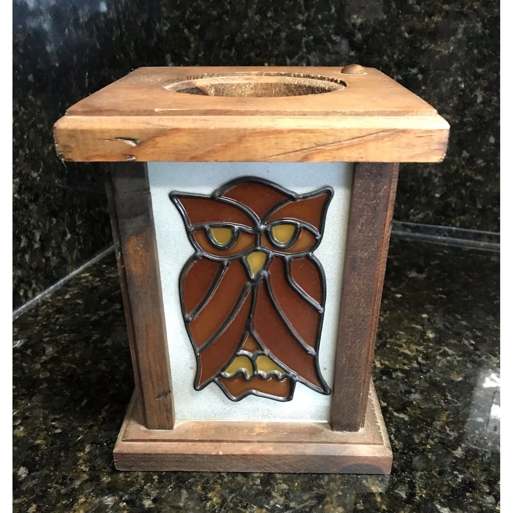Vintage Owl Candle Holder Lantern Box Wooden Stained Glass Window